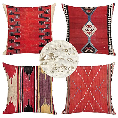 Kissenbezug 60x60cm 4er Set Rotes Böhmen Deko Kissen Kissenhülle, Beidseitiger Druck Leinen Dekokissen, Outdoor wasserdichte Kissenbezüge groß Sofakissen, deko Schlafzimmer wohnzimmer Sofa Gifts D38 von Zosoore