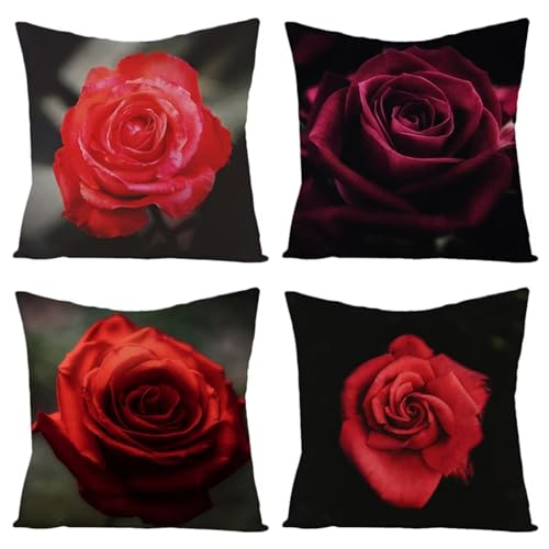 Zosoore 4er Set 40x40cm Kissenbezüge,doppelseitiger Druck Kissenbezug Rote Rose,quadratische Dekoration Kissen Samt Kissenhülle,Couch Terrasse Sofa Büro Wohnzimmer Schlafzimmer Heimdekoration YG1138 von Zosoore