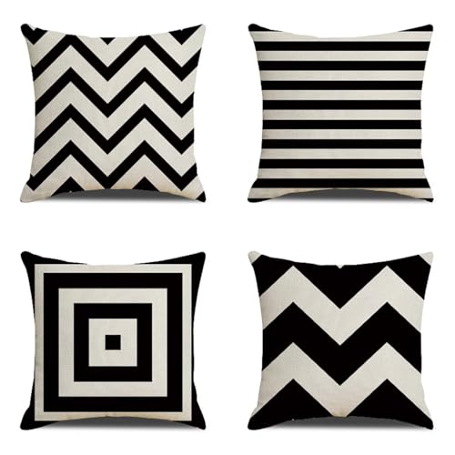 Kissenbezug 30x30 cm 4er Set Schwarz Kissenbezüge Weiss Outdoor Kissen Leinen Sofakissen Dekokissen Gartenmöbel Kissen couchkissen kissenhülle für Couch Wohnzimmer Bank Büro Auto Home Decor Geschenke von Zoulile