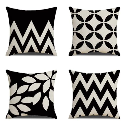Kissenbezug 35x35 cm 4er Set Schwarz Kissenbezüge Weiss Outdoor Kissen Leinen Sofakissen Dekokissen Gartenmöbel Kissen couchkissen kissenhülle für Couch Wohnzimmer Bank Büro Auto Home Decor Geschenke von Zoulile
