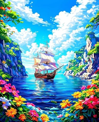 Malen Nach Zahlen Erwachsene Blume, Malen Nach Zahlen Kinder ab 7 8 9 10 Mädchen DIY Ölgemälde Leinwand Set, Paint by Numbers Boot Muster mit 3-Pinseln und Acrylfarbe für Home Wanddeko 100x135cm 8-67 von Zoulile