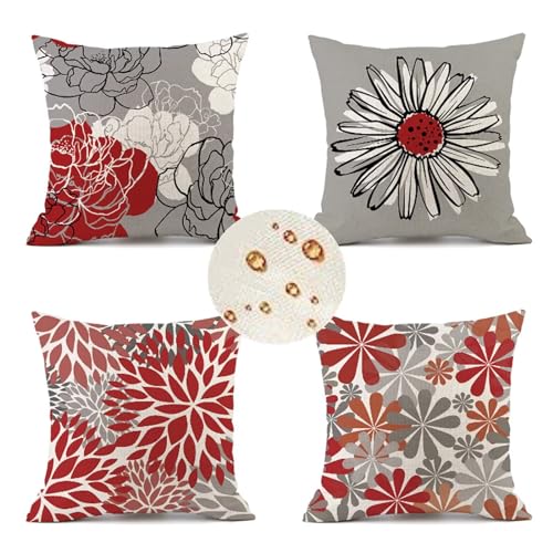Outdoor Wetterfest Kissenbezug 35x35 cm 4er Set Rot Kissenbezüge Blume Outdoor Kissen Wasserdicht Leinen Quadrat Sofakissen Dekokissen für Garten Terrasse Bank Stuhl Outdoor Heimdekoration Geschenke von Zoulile