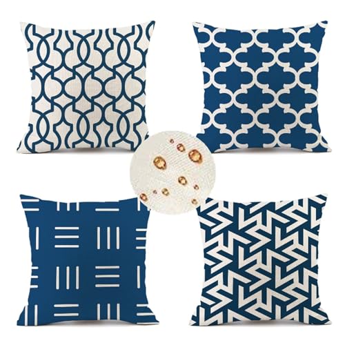 Outdoor Wetterfest Kissenbezug 40x40 cm 4er Set Navy blau Kissenbezüge modern Outdoor Kissen Wasserdicht Leinen Sofakissen Dekokissen für Garten Terrasse Bank Stuhl Outdoor Heimdekoration Geschenke von Zoulile