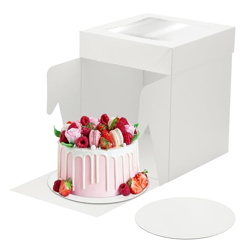 Zourglow Tortenbox Karton 25.4x25.4x20cm, 2 Stück Kuchenbox Pappe mit 10in Tortenplatte und Sichtfenster, Weiße Kuchenkarton Tortenschachtel für Kuchen, Gebäck, Muffins, Donuts von Zourglow