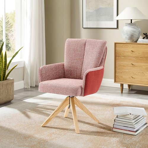 Zouron 1 x Moderner Sessel Armsessel Lehnsessel Polsterstuhl mit Eichenbeine, Schreibtischstuhl Drehstuhl ohne Rollen, Sitzfläche aus Leinen, 360° drehbar, Rot & Dunkelrot von Zouron