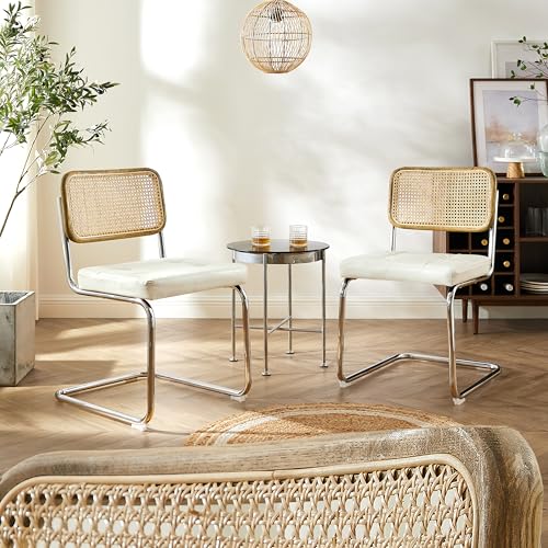 Zouron Schwingstühle 2er Set Beige - Besucherstuhl mit Eichenholz, Freischwinger Stühle, Offwhite Kunstleder Rattanstühle, Esszimmerstühle Geflecht-Stuhl Dining Chair, Polsterstuhl Chrom Metallbeine von Zouron
