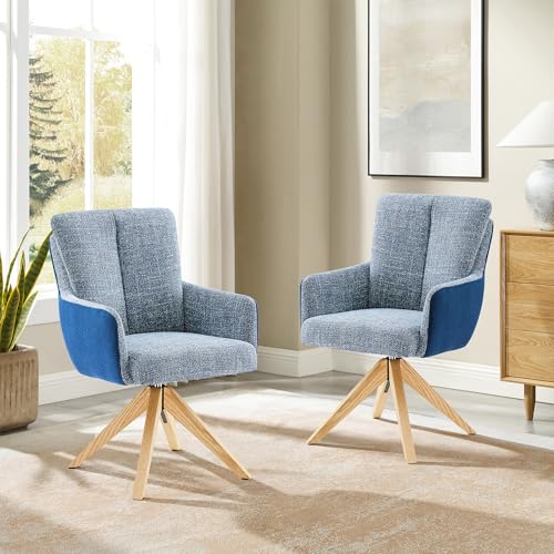 Zouron 2er Set Armlehnenstuhl Sessel Gepolsterter Armlehnensessel, Einzelsofa Loungesessel für Wohnzimmer Modern Armsessel mit Eichenfüße, Sitzfläche aus Leinen, 360° drehbar, Blau & Dunkelblau von Zouron
