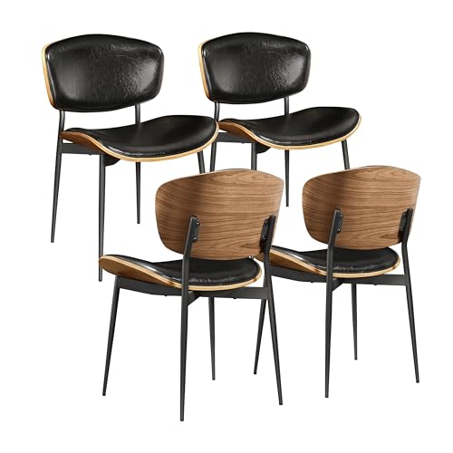 Zouron 4er Set Esszimmerstühle, Schwarz Retro Kunstleder gepolstert Metallbeinen armloser Akzentstuhl Walnussholz Stuhl Ohne Rollen, Ergonomischer Stuhl für Esstisch Schwarz Sitzfläche 42x48 cm von Zouron