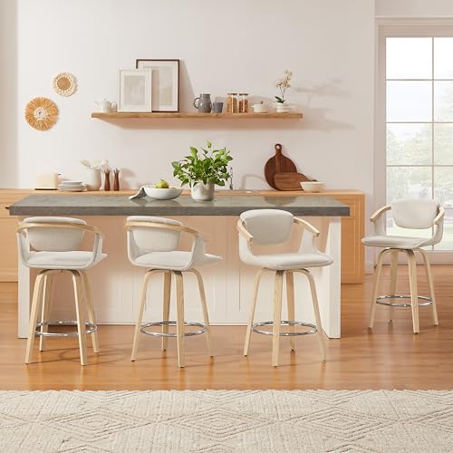 Zouron Barhocker 4er Set, Drehbar Beige Barstuhl Tresenhocker Sitzhöhe 65.5 cm Bistrohocker Küchenstühle mit lehne, Sitzfläche aus Baumwoll Leinen Pappelholz von Zouron
