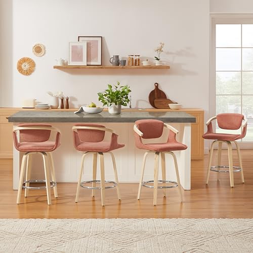 Zouron Barhocker 4er Set, Drehbar Rot Barstuhl Tresenhocker Sitzhöhe 65.5 cm Bistrohocker Küchenstühle mit lehne, Sitzfläche aus Baumwoll Leinen Pappelholz von Zouron