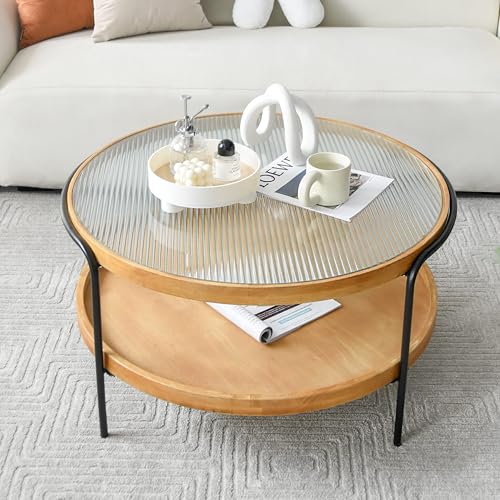 Zouron Couchtisch Holz Rund Wohnzimmertisch Holz Coffe Table Gehärtetes Glas Natur Braun Tisch 1pcs Metallgestell 82.5x82.5x45.5cm von Zouron