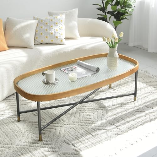 Zouron Couchtisch Holz Unregelmäßig Rechteck Wohnzimmertisch Holz Coffe Table Gehärtetes Glas Natur Braun Tisch 1pcs Metallgestell 120x59.5x39.5cm von Zouron