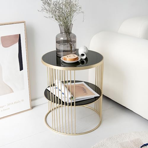 Zouron Couchtisch Rund, Beistelltisch Schwarz Telefontisch Marmor 45x45cm mit Goldenen Metallgestell Wohnzimmertisch Schwarz 2 Ablage Ebenen Stauraum Rundtisch 50cm für Wohnzimmer (Schwarz-1pcs) von Zouron