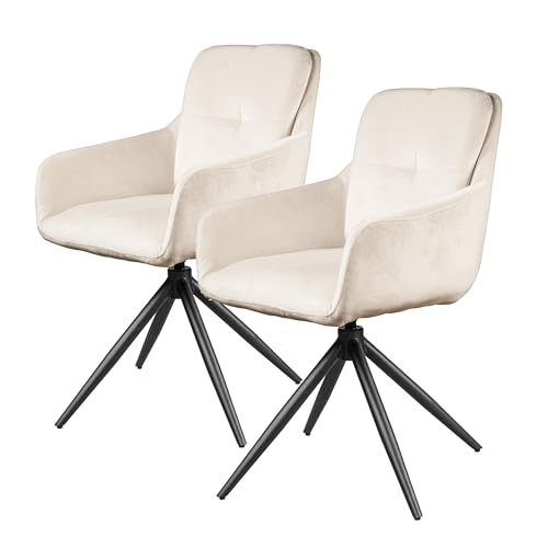 Zouron Drehstuhl Esszimmer 2er Set Beige, 2er Set Armlehnstuhl Küchenstühle Samstuhl Drehbar mit Armlehnen Rückenlehne Samt Schwarz Metallbeine 150Kg Belastbar von Zouron