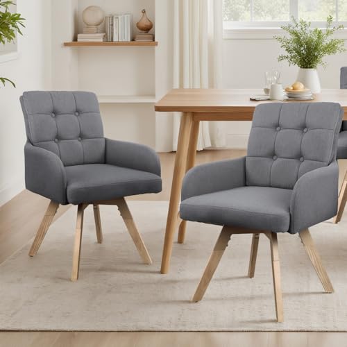 Zouron Drehstuhl Esszimmer 2er Set Grau - 2er Set Küchenstühle Polsterstuhl Drehsessel Drehbar mit Armlehnen Rückenlehne Baumwollen Lein Buchenholzbeine 120Kg Belastbar von Zouron