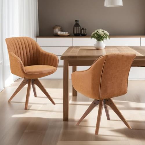 Zouron Esszimmerstühle 2er Set Braun Kunstleder - Küchenstuhl Drehbar Buchenholzbeine Polsterstuhl mit Armlehnen Sessel Schreibstuhl (Braun Kunstleder-Massivholzbeine-2 pcs) von Zouron