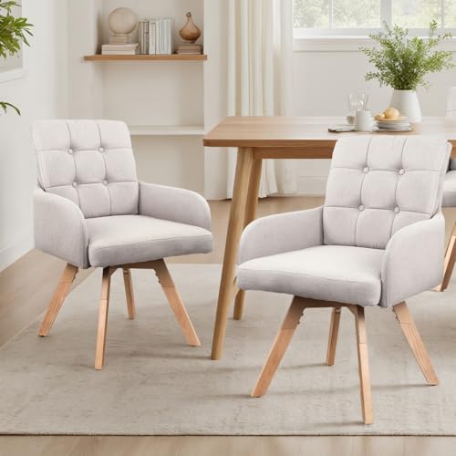 Zouron Esszimmerstühle Drehbar 2er Set Beige, 2er Set Schminkstuhl Polsterstuhl Armlehnstuhl Drehbar mit Armlehnen Rückenlehne Baumwollen Lein Buchenholzbeine 120Kg Belastbar von Zouron