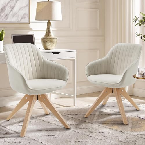Zouron Esszimmerstühle Drehbar Beige Samt 2er Set - Sessel Beige Eichenholzbeine Polsterstuhl Armlehnstuhl Küchenstuhl Sitzfläche 42x43cm Schreibstuhl 130kg Belastbar (Beige Samt-Holzbeine-2 pcs) von Zouron
