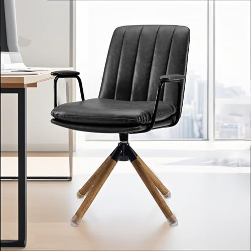 Zouron Kunstleder Schreibtischstuhl Schwarz - Mid Century Moderner Drehstuhl ohne Rollen, Kunstleder gepolsterter Bürostuhl mit Eicheholzbeinen, Akzentsessel für Home Office Wohnzimmer von Zouron