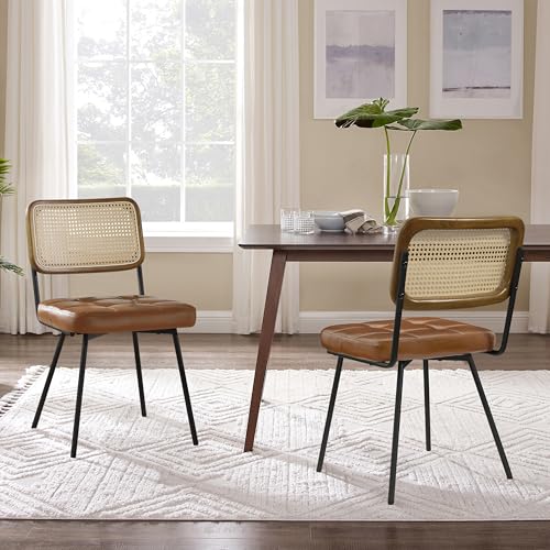 Zouron Rattan Esszimmerstühle 2er Set Braun Kunstleder - Mid Century Moderne Esszimmerstühle mit Rohrrückenlehnen Kunstleder Gepolstert Armlos Rattan Cane Küchenstuhl mit schwarzen Metallbeinen Zouron Rattan Esszimmerstühle 2er Set Braun Kunstleder - Mid Century Moderne Esszimmerstühle mit Rohrrückenlehnen Kunstleder Gepolstert Armlos Rattan Cane Küchenstuhl mit schwarzen Metallbeinen von Zouron