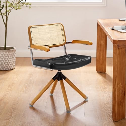 Zouron Rattan Schreibstuhl Schwarz - Mid Century Moderner Drehstuhl ohne Rollen, Kunstleder gepolsterter Bürostuhl mit Holzbeinen, Akzentsessel für Home Office Wohnzimmer Schlafzimmer von Zouron