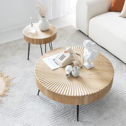 Zouron Satztisch 2er Set Couchtisch Holz - Wie Sonnenlicht Beistelltisch Rund Wohnzimmertisch Braun 80x80x36.5cm mit 40x40x46.5cm aus Kiefer Großtisch Metallgestell (Naturbraun L&S-2 pcs) von Zouron