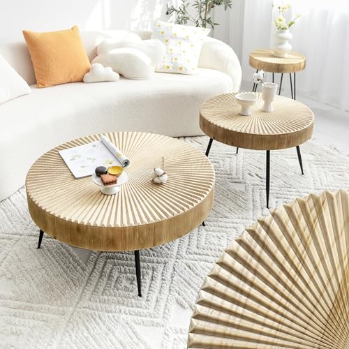 Zouron Satztisch 3er Set Couchtisch Holz - Farbe in Eicheholz, wie Sonnenlicht Beistelltisch Rund Wohnzimmertisch Braun 80x80x36.5cm mit 40x40x46.5cm und 60x60x42aus Kiefer Metallgestell L+S+M Zouron Satztisch 3er Set Couchtisch Holz - Farbe in Eicheholz, wie Sonnenlicht Beistelltisch Rund Wohnzimmertisch Braun 80x80x36.5cm mit 40x40x46.5cm und 60x60x42aus Kiefer Metallgestell L+S+M von Zouron