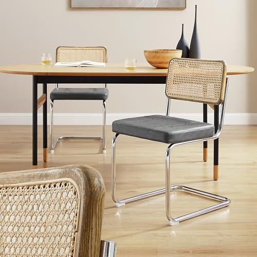 Zouron Schwingstühle 2er Set Grau - Besucherstuhl mit Eichenholz, Freischwinger Stühle, Grau Kunstleder Rattanstühle, Esszimmerstühle Geflecht-Stuhl Dining Chair, Polsterstuhl Chrom Metallbeine von Zouron