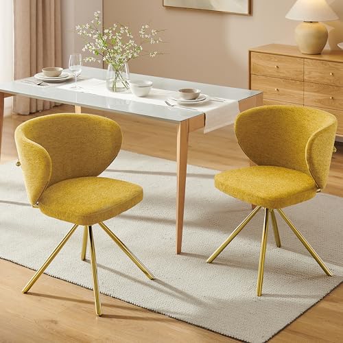 Zouron Sessel Wohnzimmer 2er Set Gelb - 2er Set Schminkstuhl Polsterstuhl Drehsessel Drehbar Ohne Armlehnen Rückenlehne Baumwollen Lein Goldene Metallbeine 150Kg Belastbar von Zouron