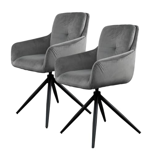 Zouron Sessel Wohnzimmer 2er Set Grau - 2er Set Schminkstuhl Polsterstuhl Samstuhl Drehbar mit Armlehnen Rückenlehne Samt Schwarz Metallbeine 150Kg Belastbar von Zouron