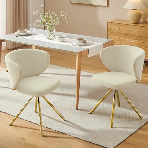 Zouron Stühle Esszimmer Drehbar 2er Set Weiß, 2er Set Küchenstühle Polsterstuhl Drehsessel Drehbar Ohne Armlehnen Rückenlehne Baumwollen Lein Goldene Metallbeine 150Kg Belastbar von Zouron