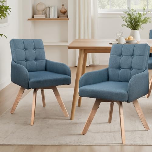 Zouron Stühle Esszimmer Drehbar Blau - 2er Set Küchenstühle Polsterstuhl Drehsessel Drehbar mit Armlehnen Rückenlehne Baumwollen Lein Buchenholzbeine 120Kg Belastbar von Zouron