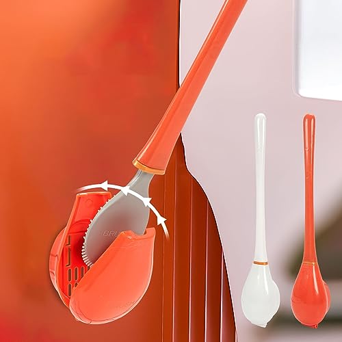 2Stück Flexible Toilettenbürste aus Silikon, klobürste Silikon für das Badezimmer, Flacher und Flexibler Kopf, Moderne wandmontierte ohne Bohren mit schnell trocknendem Ständer (Weiß + Orange) von Zouwel