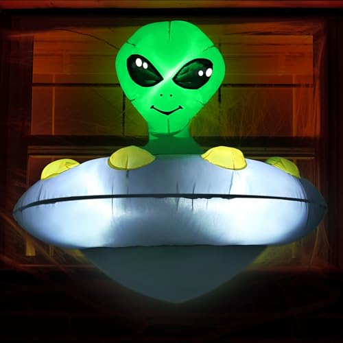 ZPISF Aufblasbarer Alien in UFO-Outdoor-Dekorationen, Alien-UFO-Fenster aufblasbar, grün, LED, 1,2 m von Zpisf
