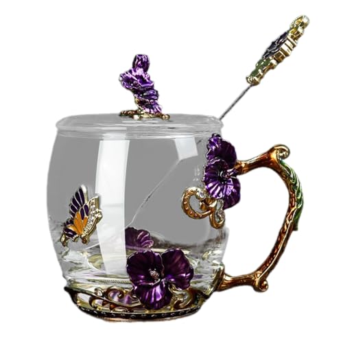 Emailglas Tasse Mit Löffel Practical Glass Cup Collection Mit Schmetterlingen Blumenverzierung von Zqxnt