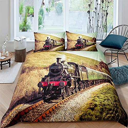 Zqylg Bettwäsche 135x200cm Dampfzug Industriezeit Dampfmaschine Zug Vintage Eisenbahn Lokomotive 3 Teilig Microfaser Bettbezüge mit Reißverschluss und 2 Kissenbezug (02,135 X 200) von Zqylg