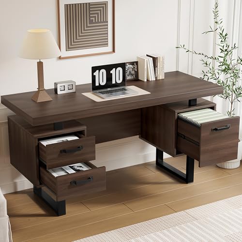 Zravenna 135 x 54 cm Einfacher Büroschreibtisch, MDF und hochwertiges Stahlrohr, 4 cm Ganze Tischplatte, mit 3 geräuschlose Schublade, Schreibtisch mit Stauraum, Arbeitstisch,Schreibtisch (Brown A) von Zravenna
