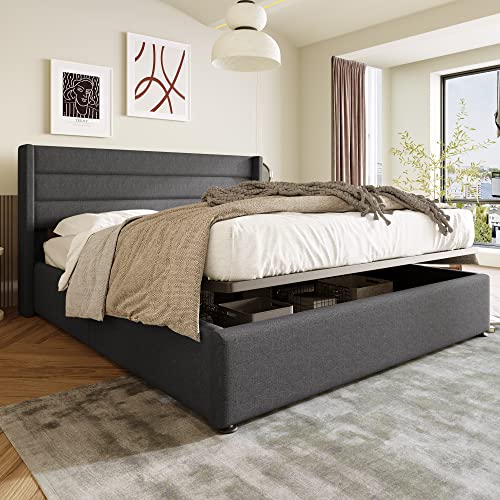 Zravenna Bett 180x200 mit Lattenrost (Ohne Matratze), Polsterbett Bettgestell mit Großer Stauraum unter Bett, Stauraumbetten Doppelbett Metallbett, Grau (Grau, 180x200cm-Ohne Matratze) von Zravenna