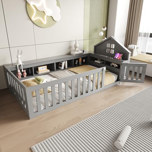 Zravenna Bodenbett Kinder 90x200 cm, Kopfteil und Bettseite mit Staufach, Bett mit Dachleiste, Fenster & Lattenrost, Ohne Matratze. (Grau) von Zravenna