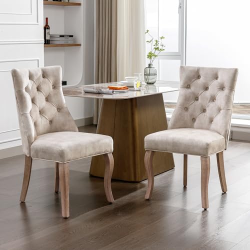 Zravenna Esszimmerstühle 2er Set (Ohne Esstisch), Samt Stuhl, 4-Fußstuhl, Hohe Rückenlehne mit Knopfsteppung, Gestell aus Massivholz, Hellbeige (Hellbeige, 2er Set) von Zravenna
