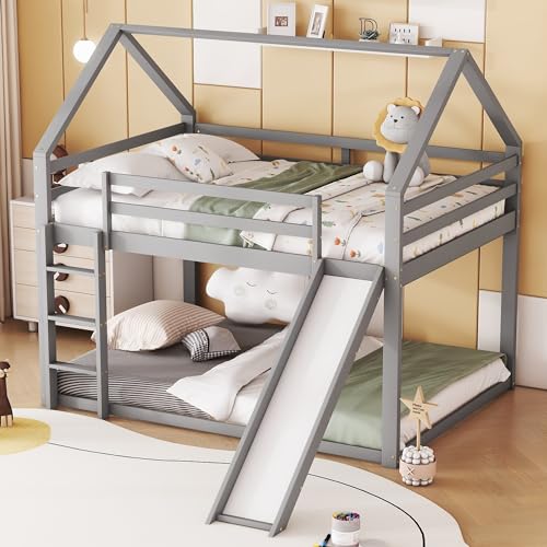 Zravenna Hochbett 140x200cm Hausbett mit Rutsche, Etagenbett mit Treppe Kinder Bett für 2 Kinder, Hausform (Grau, 140x200cm) von Zravenna