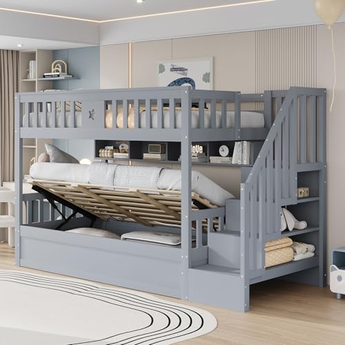 Zravenna Etagenbett 90x200 cm für 2 Kinder, Hochbett mit Treppe und Unterbett mit Stauraum, Stockbett Funktionsbett mit lattenrost und Rausfallschutz (Grau) von Zravenna