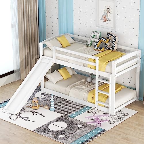 Zravenna Hochbett 90x200, Etagenbett mit Rutsche, Stockbett für Kinder, Kinderbett mit Stauraumtreppe und Rutsche, Kinderbett mit Geländer, Weiß (Weiß-2) von Zravenna