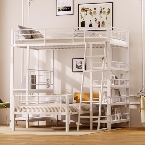 Zravenna Etagenbett Hochbett 90x200 mit Leiter, Multifunktionsbett Metallbett mit Mehreren Ablagefächern, Kinderbett für 2 Kinder, Loft-Design Familienbett mit Metallrahmen (Weiß) von Zravenna