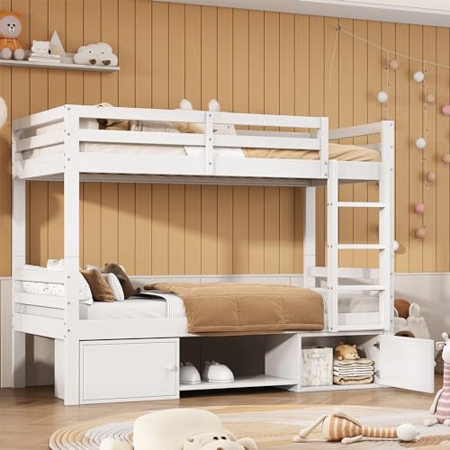 Zravenna Hochbett 90x200, Etagenbett für 2 Kinder, Kinderbett mit Leiter, Schuhregale und Schließfächer, Fallschutz, Kiefernholzrahmen, Hochbett für Jungen & Mädchen, Weiß (Weiß-2, 90x200cm) von Zravenna