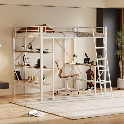 Zravenna Hochbett 90x200cm, Bettgestell Metallbett, Eisenbett für Kinder, Hochbett mit L-förmigem Schreibtisch, Jugendliche und Erwachsene, Weiß von Zravenna