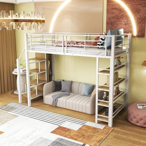 Zravenna Hochbett 90x200cm mit Sicherheitsleiter und Treppe, Metall Jugendbett mit Stauraum, Eisenrahmen und Ablagefläche, Kinderbett, Einzelbett, MDF&Metall (Weiß, 90x200cm-B) von Zravenna
