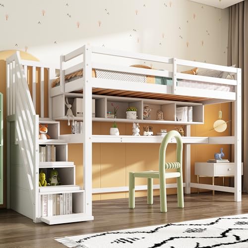 Zravenna Hochbett Kinder 90x200 mit Schreibtisch, Kinderbett mit Stauraum-Treppe und Bücherregalen, Massivem Kiefernholz, Weiß,1 Kinder (B-Weiß) von Zravenna