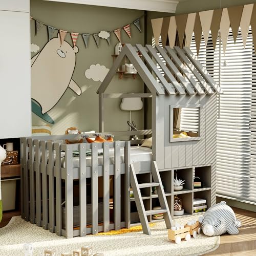 Zravenna Hochbett Kinderbett 90x200 cm, Hausbett mit Dach, Fenster und Kletterleiter, Offenem Stauraum, Ohne Matratze. (Grau) von Zravenna