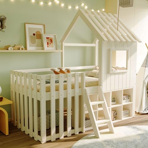 Zravenna Hochbett Kinderbett 90x200 cm, Hausbett mit Dach, Fenster und Kletterleiter, Offenem Stauraum, Ohne Matratze. (Weiß) von Zravenna